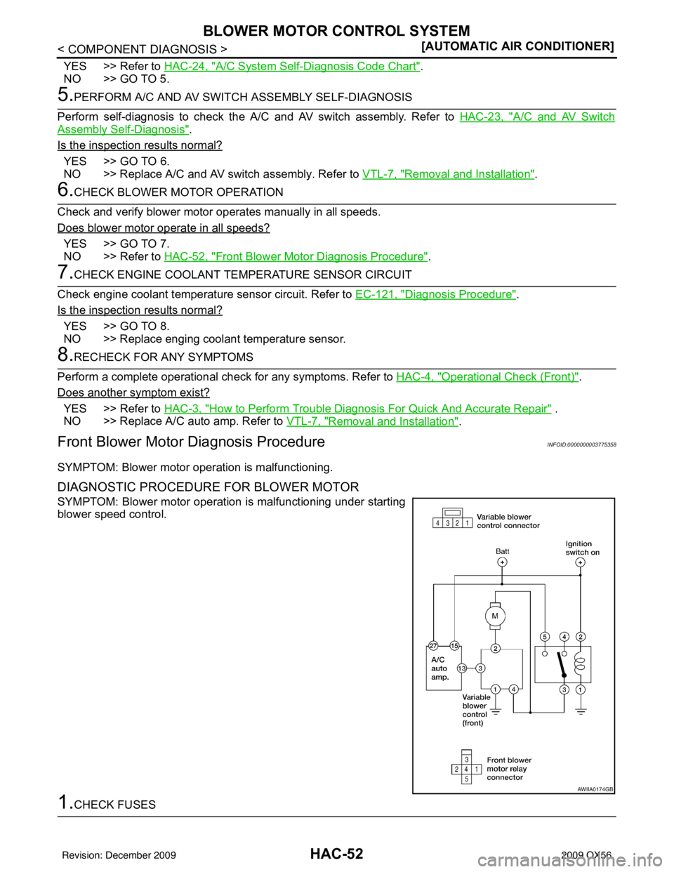 INFINITI QX56 2009  Factory Service Manual HAC-52
< COMPONENT DIAGNOSIS >[AUTOMATIC AIR CONDITIONER]
BLOWER MOTOR CONTROL SYSTEM
YES >> Refer to HAC-24, "A/C System Self-Diagnosis Code Chart".
NO >> GO TO 5.
5.PERFORM A/C AND AV SWITCH  ASSEMB