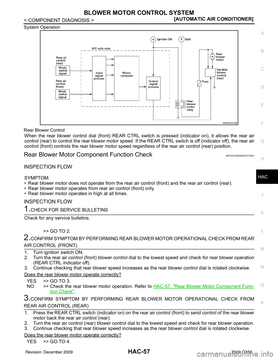 INFINITI QX56 2009  Factory Service Manual BLOWER MOTOR CONTROL SYSTEMHAC-57
< COMPONENT DIAGNOSIS > [AUTOMATIC AIR CONDITIONER]
C
D
E
F
G H
J
K L
M A
B
HAC
N
O P
System Operation
Rear Blower Control
When the rear blower control dial (front) R