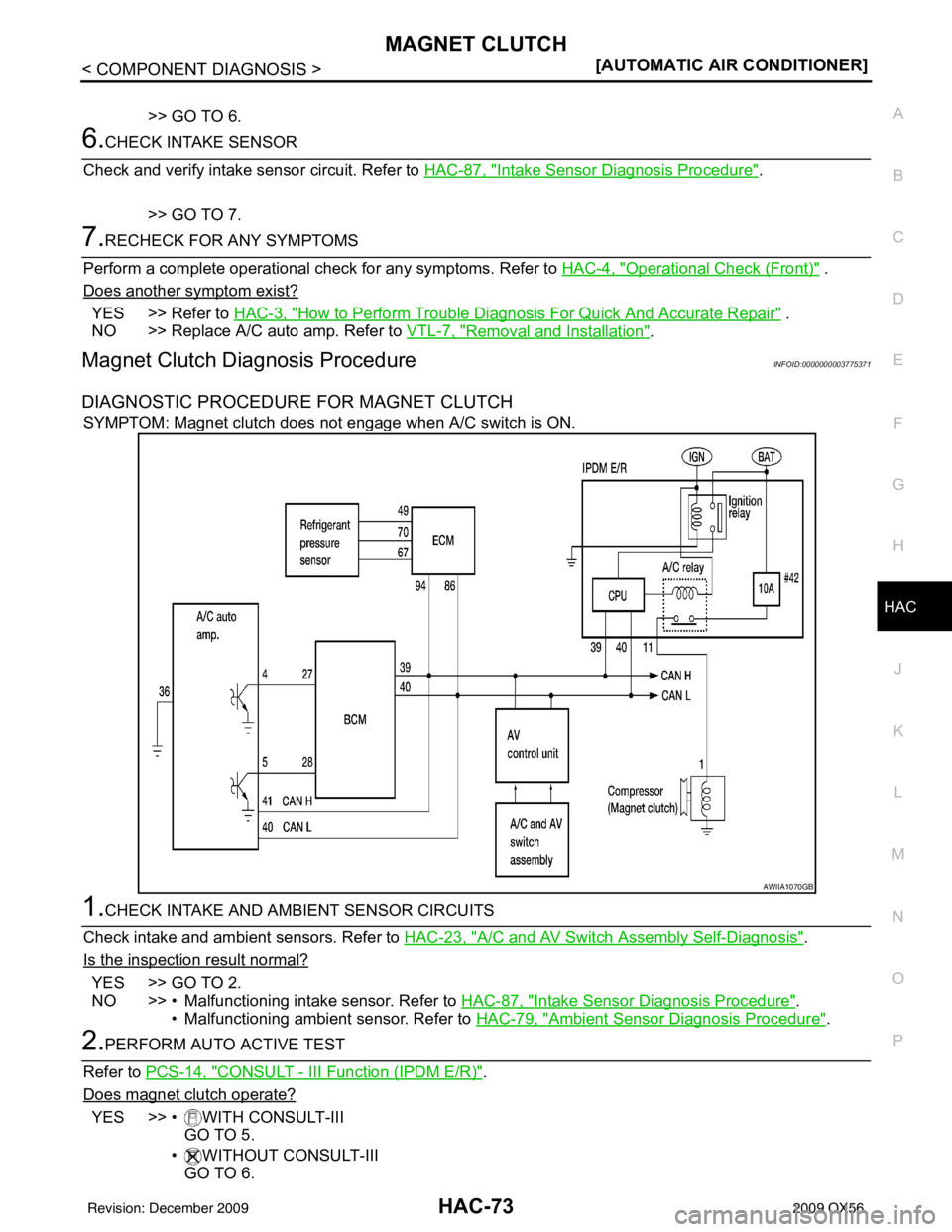 INFINITI QX56 2009  Factory Service Manual MAGNET CLUTCHHAC-73
< COMPONENT DIAGNOSIS > [AUTOMATIC AIR CONDITIONER]
C
D
E
F
G H
J
K L
M A
B
HAC
N
O P
>> GO TO 6.
6.CHECK INTAKE SENSOR
Check and verify intake sensor circuit. Refer to HAC-87, "
I