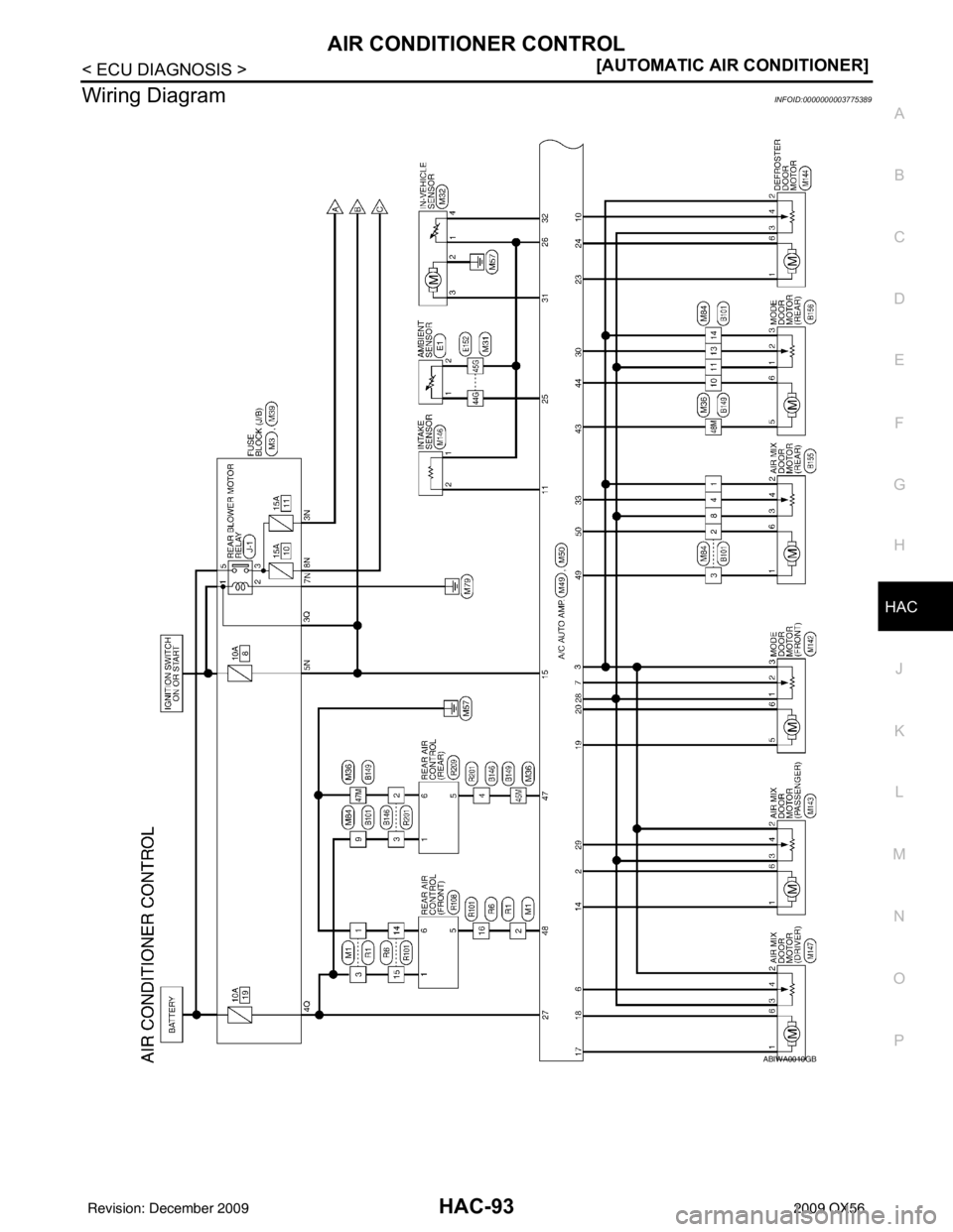 INFINITI QX56 2009  Factory Service Manual AIR CONDITIONER CONTROLHAC-93
< ECU DIAGNOSIS > [AUTOMATIC AIR CONDITIONER]
C
D
E
F
G H
J
K L
M A
B
HAC
N
O P
Wiring DiagramINFOID:0000000003775389
ABIWA0010GB
Revision: December 20092009 QX56 