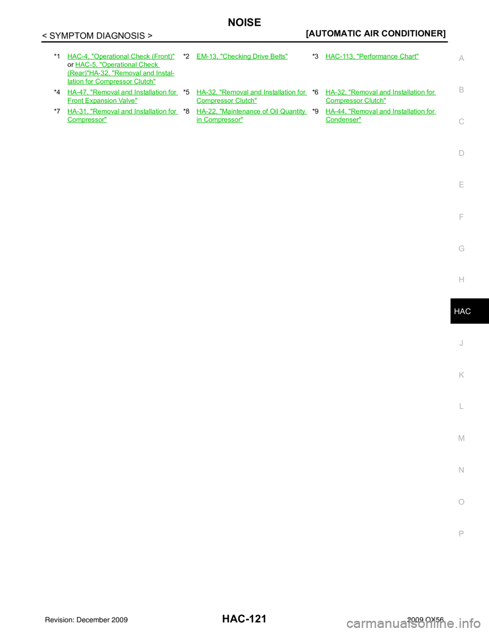 INFINITI QX56 2009  Factory Service Manual NOISE
HAC-121
< SYMPTOM DIAGNOSIS > [AUTOMATIC AIR CONDITIONER]
C
D
E
F
G H
J
K L
M A
B
HAC
N
O P
*1 HAC-4, "Operational Check (Front)" 
or  HAC-5, "
Operational Check 
(Rear)"HA-32, "Removal and Inst
