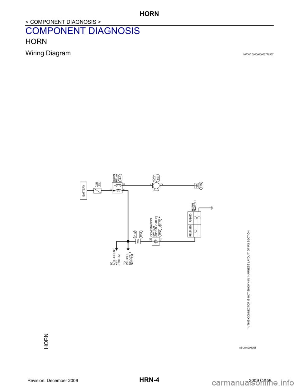 INFINITI QX56 2009  Factory Service Manual HRN-4
< COMPONENT DIAGNOSIS >
HORN
COMPONENT DIAGNOSIS
HORN
Wiring DiagramINFOID:0000000003776367
ABLWA0062GB
Revision: December 20092009 QX56 