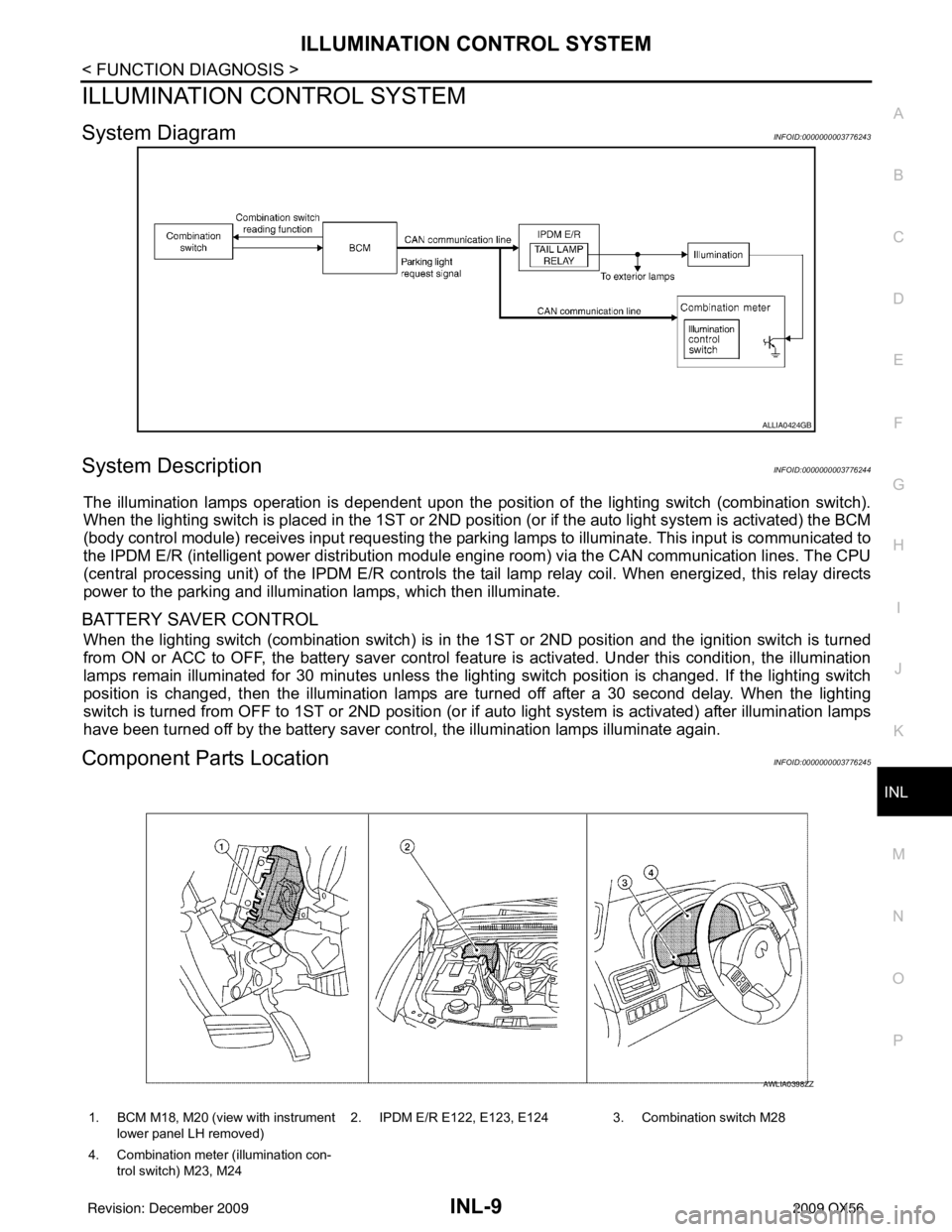 INFINITI QX56 2009  Factory Service Manual ILLUMINATION CONTROL SYSTEMINL-9
< FUNCTION DIAGNOSIS >
C
DE
F
G H
I
J
K
M A
B
INL
N
O P
ILLUMINATION CONTROL SYSTEM
System DiagramINFOID:0000000003776243
System DescriptionINFOID:0000000003776244
The