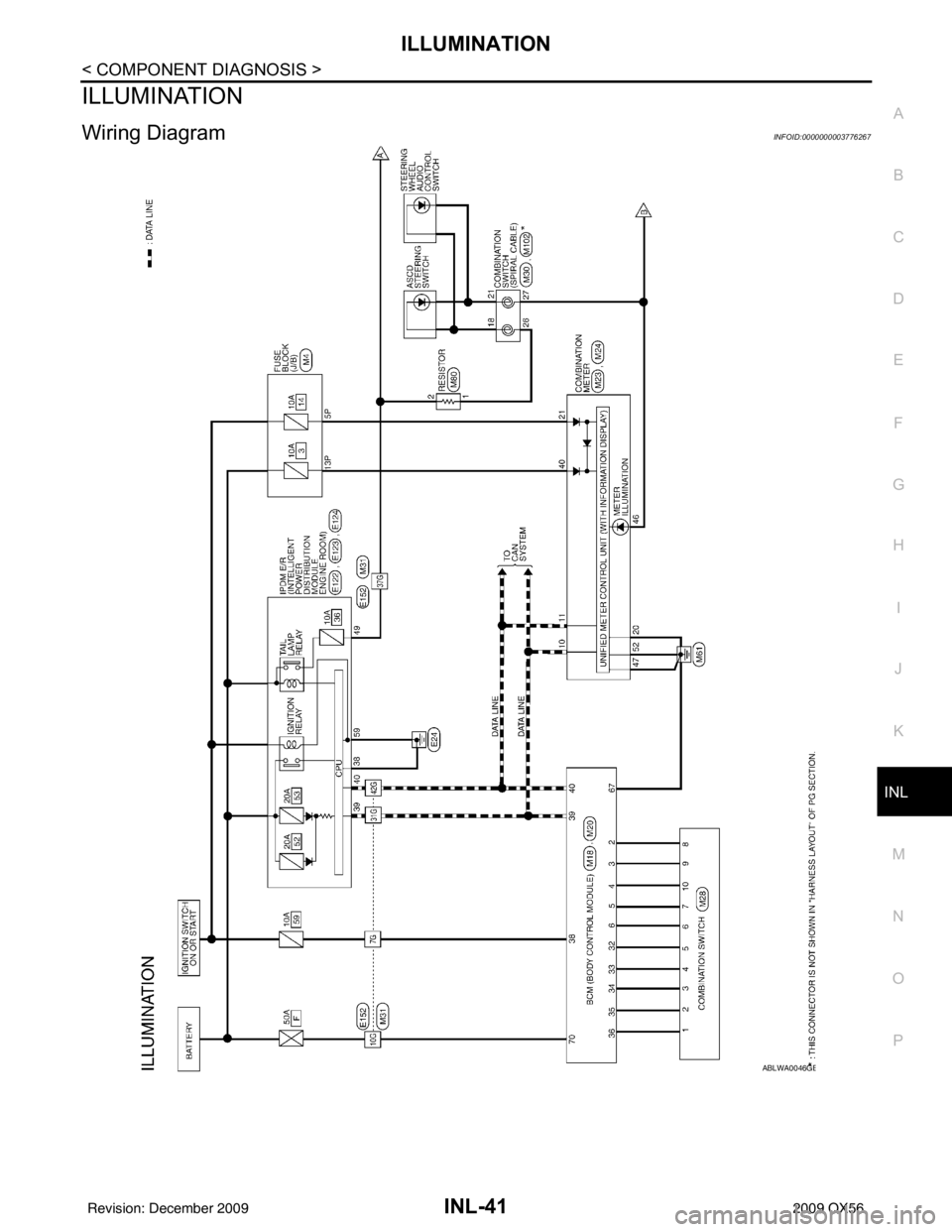 INFINITI QX56 2009  Factory Service Manual ILLUMINATIONINL-41
< COMPONENT DIAGNOSIS >
C
DE
F
G H
I
J
K
M A
B
INL
N
O P
ILLUMINATION
Wiring DiagramINFOID:0000000003776267
ABLWA0046GB
Revision: December 20092009 QX56 