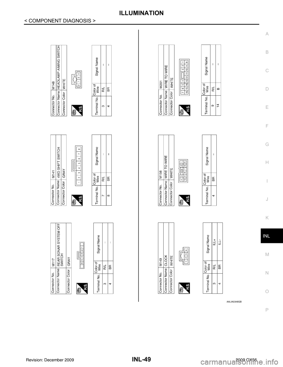 INFINITI QX56 2009  Factory Service Manual ILLUMINATIONINL-49
< COMPONENT DIAGNOSIS >
C
DE
F
G H
I
J
K
M A
B
INL
N
O P
AALIA0348GB
Revision: December 20092009 QX56 