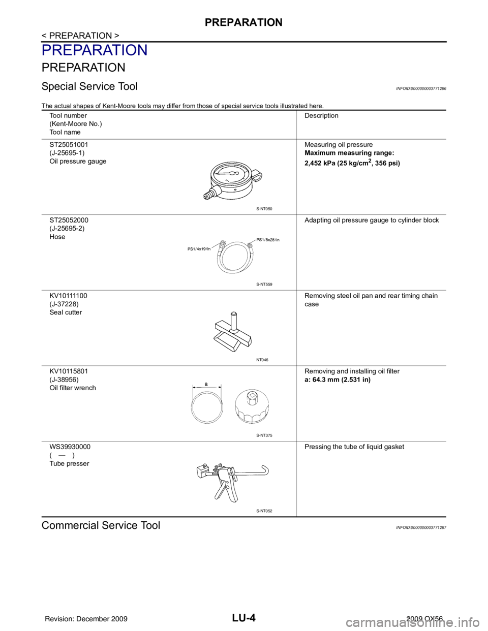 INFINITI QX56 2009  Factory Service Manual LU-4
< PREPARATION >
PREPARATION
PREPARATION
PREPARATION
Special Service ToolINFOID:0000000003771266
The actual shapes of Kent-Moore tools may differ from those of special service tools illustrated he