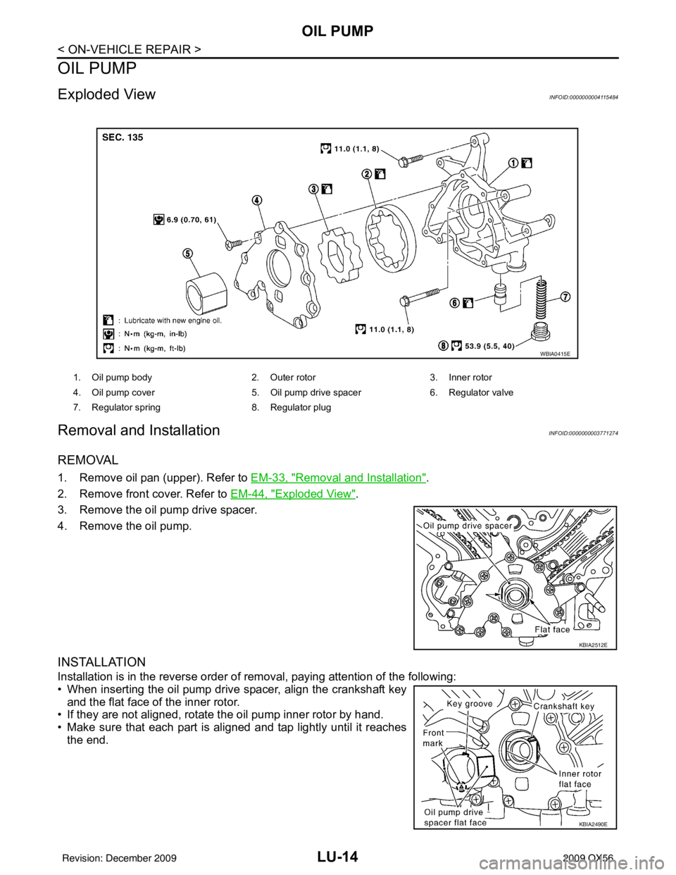 INFINITI QX56 2009  Factory Service Manual LU-14
< ON-VEHICLE REPAIR >
OIL PUMP
OIL PUMP
Exploded ViewINFOID:0000000004115484
Removal and InstallationINFOID:0000000003771274
REMOVAL
1. Remove oil pan (upper). Refer to EM-33, "Removal and Insta