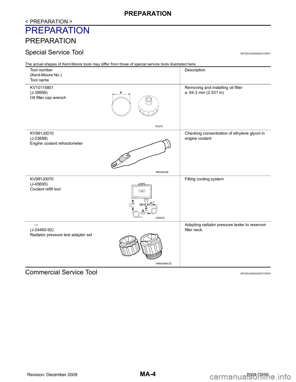 INFINITI QX56 2009  Factory Service Manual MA-4
< PREPARATION >
PREPARATION
PREPARATION
PREPARATION
Special Service ToolINFOID:0000000003776977
The actual shapes of Kent-Moore tools may differ from those of special service tools illustrated he