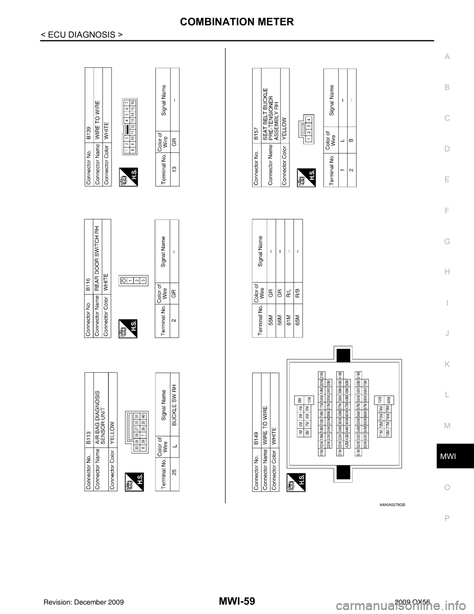 INFINITI QX56 2009  Factory Service Manual MWI
COMBINATION METERMWI-59
< ECU DIAGNOSIS >
C
DE
F
G H
I
J
K L
M B A
O P
AANIA0279GB
Revision: December 20092009 QX56 