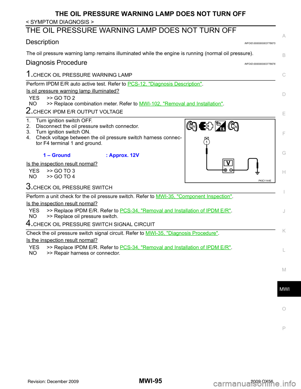 INFINITI QX56 2009  Factory Service Manual MWI
THE OIL PRESSURE WARNING LAMP DOES NOT TURN OFFMWI-95
< SYMPTOM DIAGNOSIS >
C
DE
F
G H
I
J
K L
M B A
O P
THE OIL PRESSURE WARNING  LAMP DOES NOT TURN OFF
DescriptionINFOID:0000000003776675
The oil