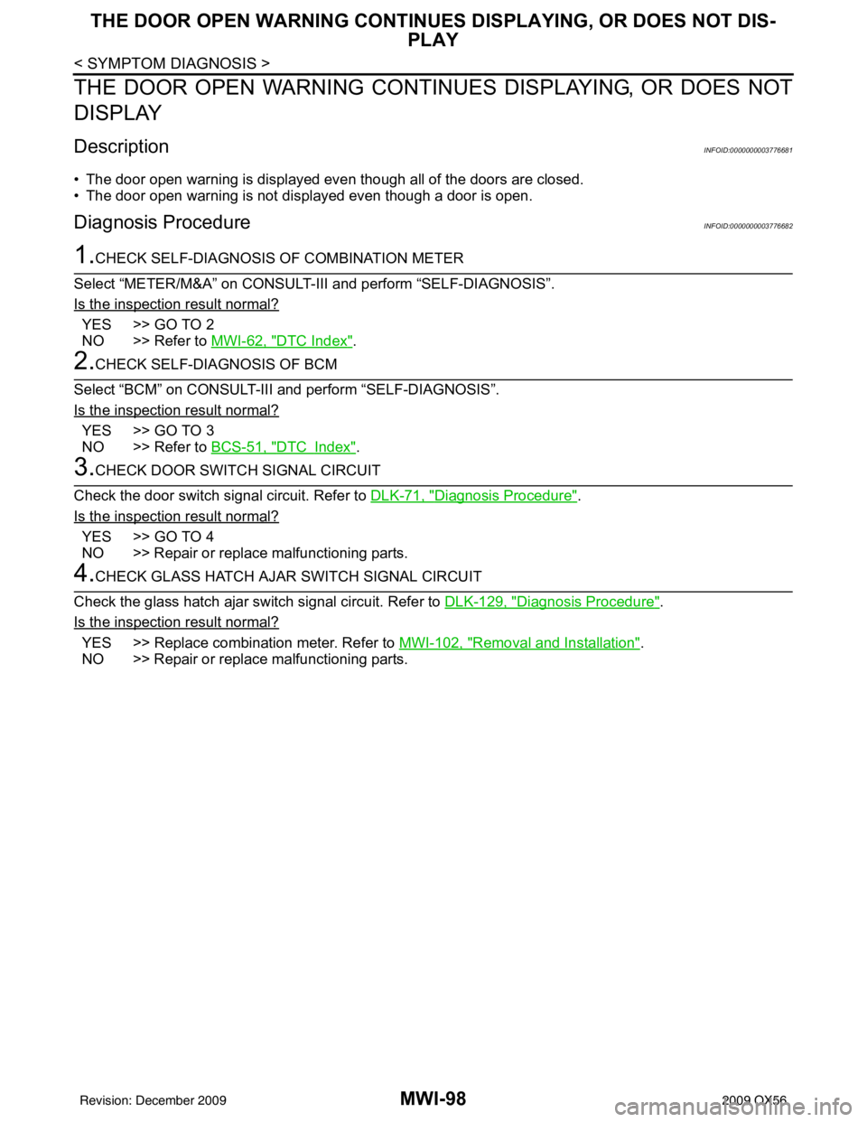INFINITI QX56 2009  Factory Service Manual MWI-98
< SYMPTOM DIAGNOSIS >
THE DOOR OPEN WARNING CONTINUES DISPLAYING, OR DOES NOT DIS-
PLAY
THE DOOR OPEN WARNING CONTIN UES DISPLAYING, OR DOES NOT
DISPLAY
DescriptionINFOID:0000000003776681
• T