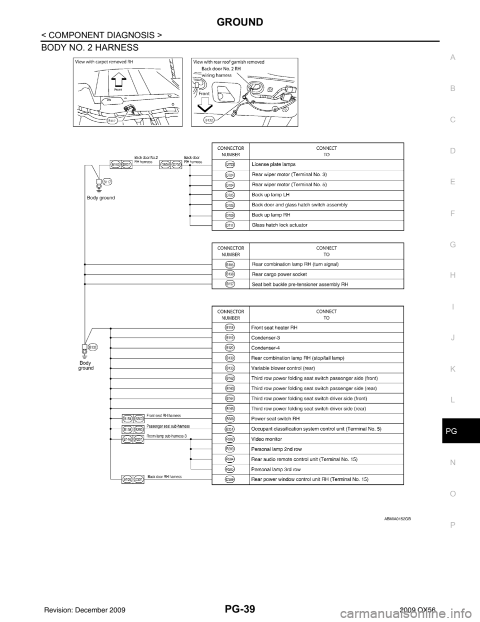 INFINITI QX56 2009  Factory Service Manual PG
GROUNDPG-39
< COMPONENT DIAGNOSIS >
C
DE
F
G H
I
J
K L
B A
O P
N
BODY NO. 2 HARNESS
ABMIA0152GB
Revision: December 20092009 QX56 