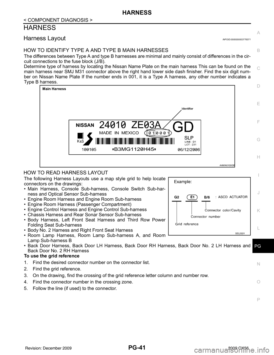 INFINITI QX56 2009 Factory Service Manual PG
HARNESSPG-41
< COMPONENT DIAGNOSIS >
C
DE
F
G H
I
J
K L
B A
O P
N
HARNESS
Harness LayoutINFOID:0000000003776571
HOW TO IDENTIFY TYPE A AND TYPE B MAIN HARNESSES
The differences between Type A and t INFINITI QX56 2009 Factory Service Manual PG
HARNESSPG-41
< COMPONENT DIAGNOSIS >
C
DE
F
G H
I
J
K L
B A
O P
N
HARNESS
Harness LayoutINFOID:0000000003776571
HOW TO IDENTIFY TYPE A AND TYPE B MAIN HARNESSES
The differences between Type A and t