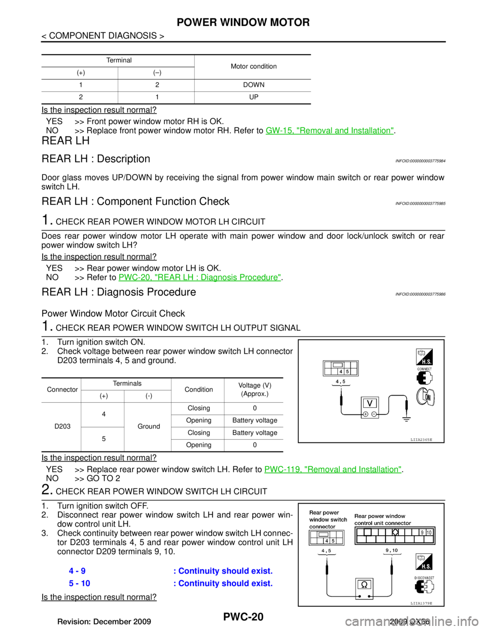 INFINITI QX56 2009  Factory Service Manual 
PWC-20
< COMPONENT DIAGNOSIS >
POWER WINDOW MOTOR
Is the inspection result normal?
YES >> Front power window motor RH is OK.
NO >> Replace front power window motor RH. Refer to GW-15, "Removal and In