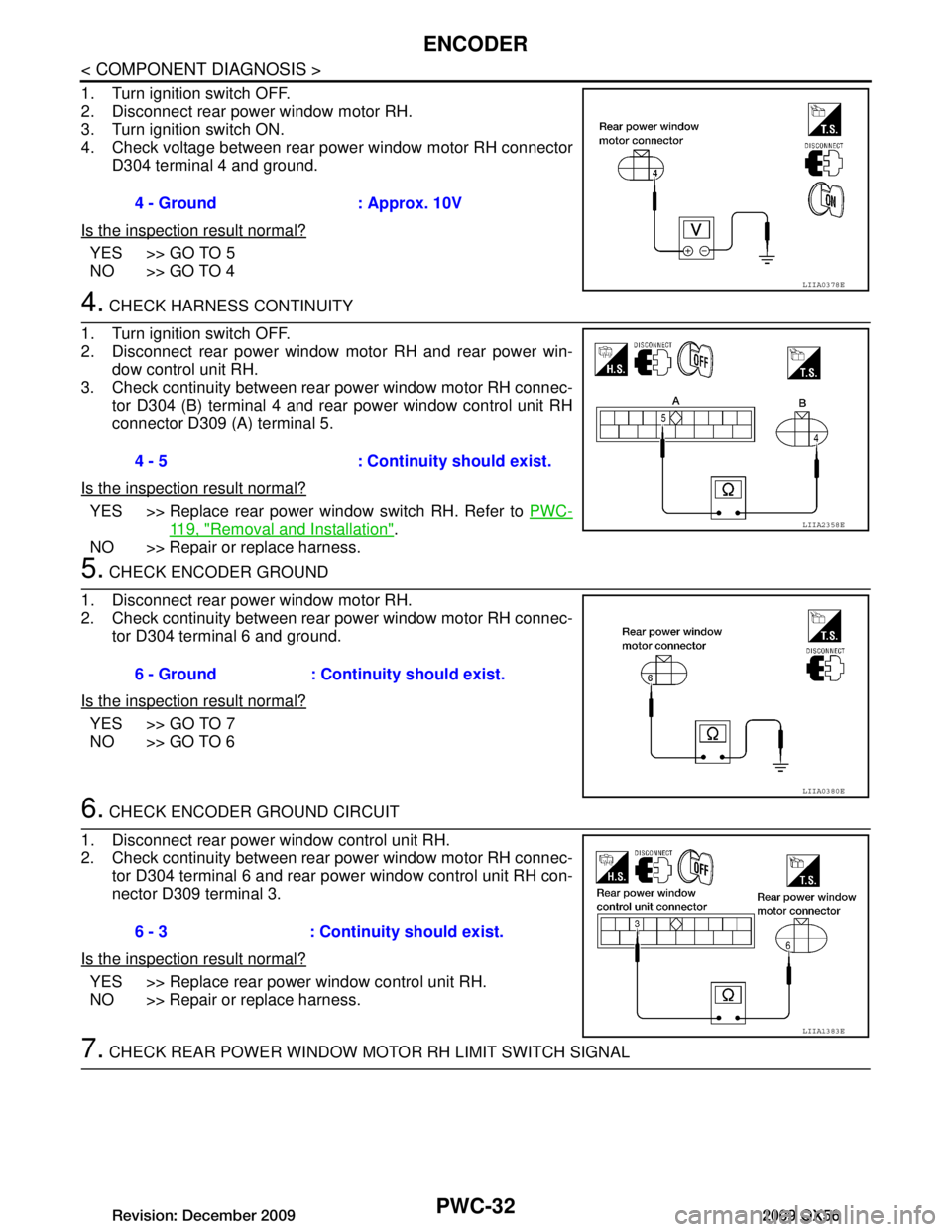 INFINITI QX56 2009  Factory Service Manual 
PWC-32
< COMPONENT DIAGNOSIS >
ENCODER
1. Turn ignition switch OFF.
2. Disconnect rear power window motor RH.
3. Turn ignition switch ON.
4. Check voltage between rear power window motor RH connector