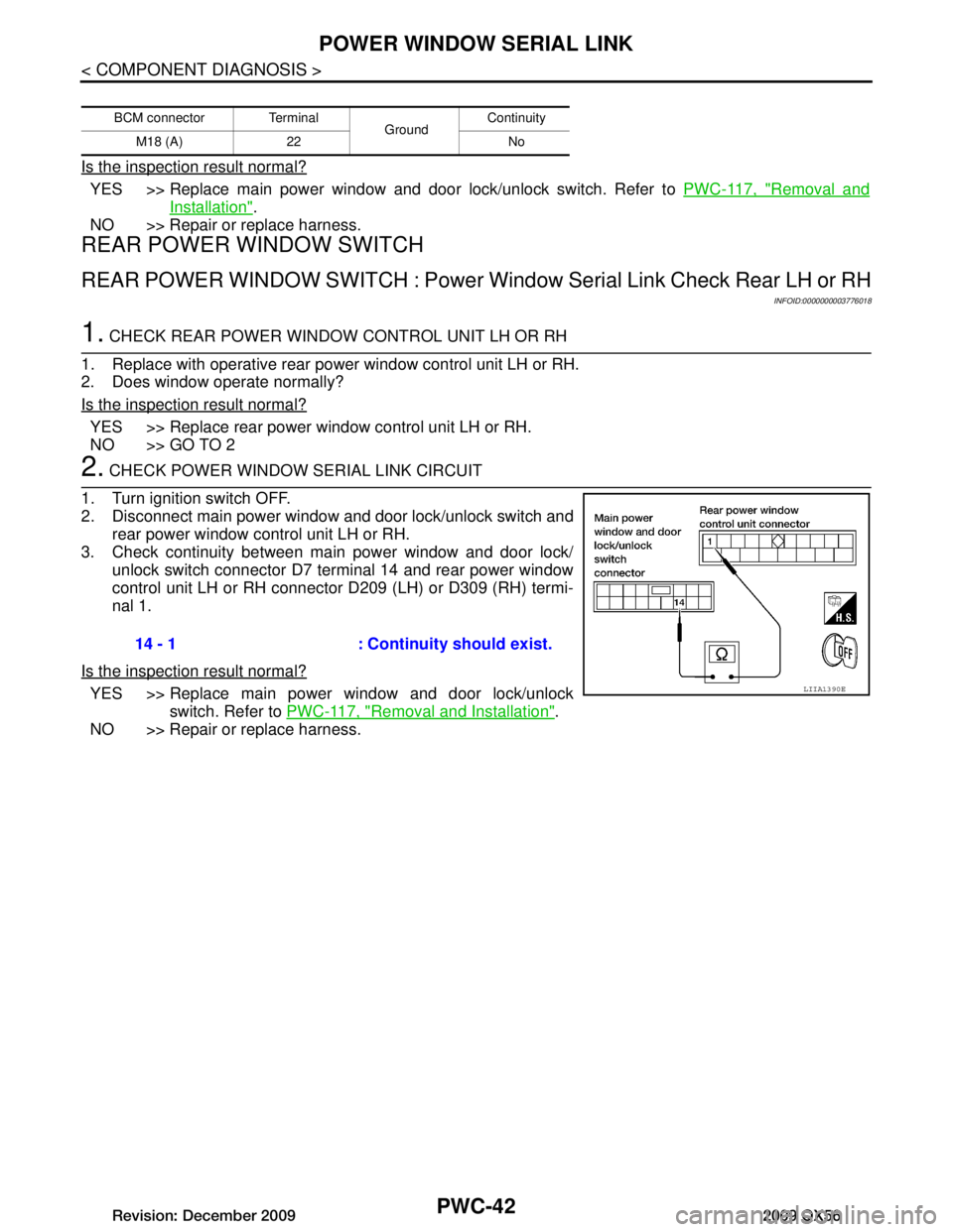 INFINITI QX56 2009  Factory Service Manual 
PWC-42
< COMPONENT DIAGNOSIS >
POWER WINDOW SERIAL LINK
Is the inspection result normal?
YES >> Replace main power window and door lock/unlock switch. Refer to PWC-117, "Removal and
Installation".
NO