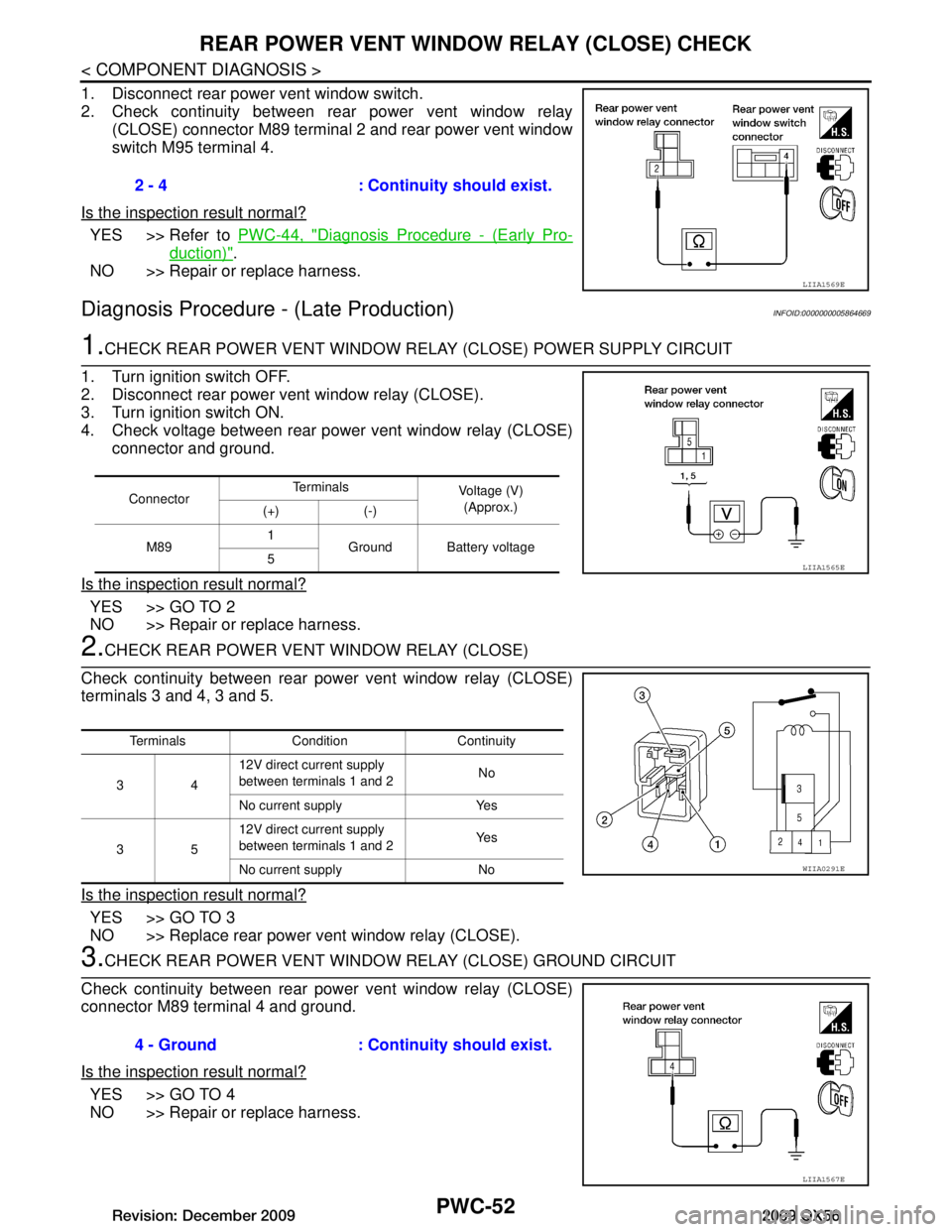 INFINITI QX56 2009  Factory Service Manual 
PWC-52
< COMPONENT DIAGNOSIS >
REAR POWER VENT WINDOW RELAY (CLOSE) CHECK
1. Disconnect rear power vent window switch.
2. Check continuity between rear power vent window relay
(CLOSE) connector M89 t