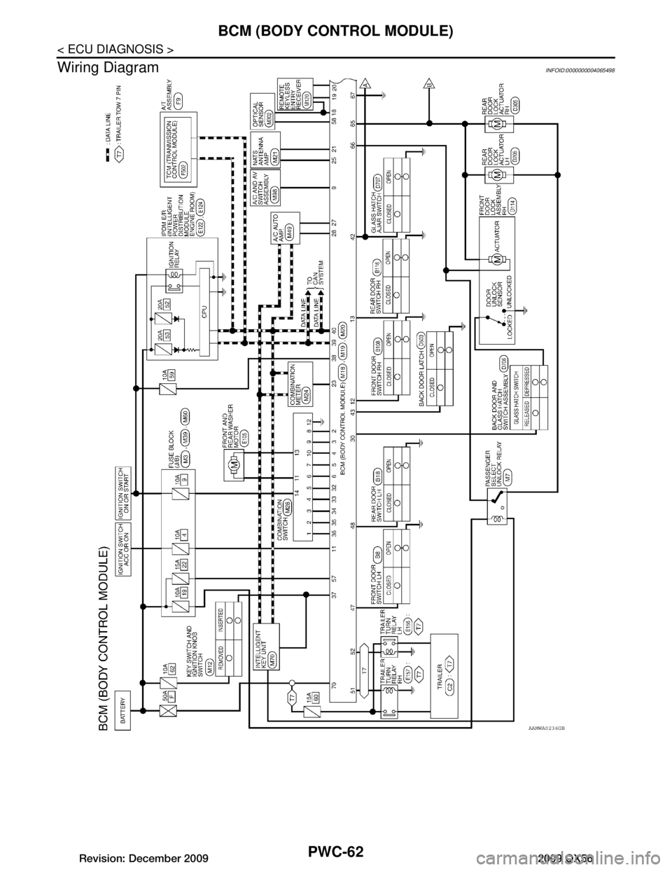 INFINITI QX56 2009  Factory Service Manual 
PWC-62
< ECU DIAGNOSIS >
BCM (BODY CONTROL MODULE)
Wiring Diagram
INFOID:0000000004065498
AAMWA0236GB
Revision: December 20092009 QX56  