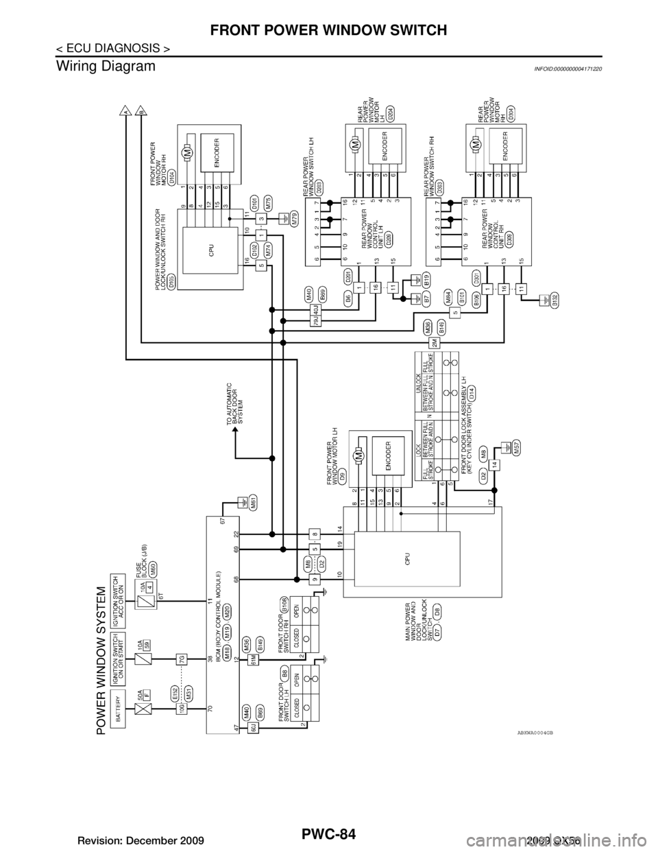 INFINITI QX56 2009  Factory Service Manual 
PWC-84
< ECU DIAGNOSIS >
FRONT POWER WINDOW SWITCH
Wiring Diagram
INFOID:0000000004171220
ABKWA0004GB
Revision: December 20092009 QX56  
