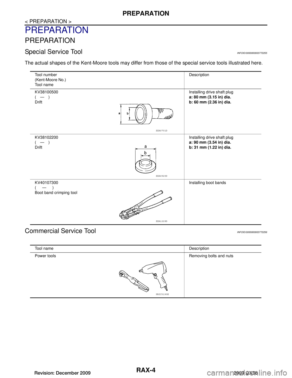 INFINITI QX56 2009  Factory Service Manual 
RAX-4
< PREPARATION >
PREPARATION
PREPARATION
PREPARATION
Special Service ToolINFOID:0000000003772255
The actual shapes of the Kent-Moore tools may differ from those of  the special service tools ill