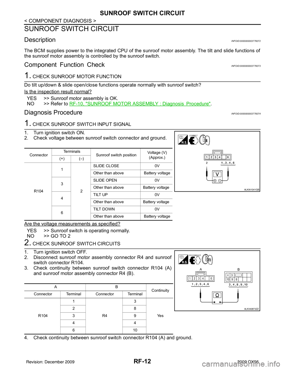 INFINITI QX56 2009  Factory Service Manual RF-12
< COMPONENT DIAGNOSIS >
SUNROOF SWITCH CIRCUIT
SUNROOF SWITCH CIRCUIT
DescriptionINFOID:0000000003776072
The BCM supplies power to the integrated CPU of the sunroof motor assembly. The tilt and 