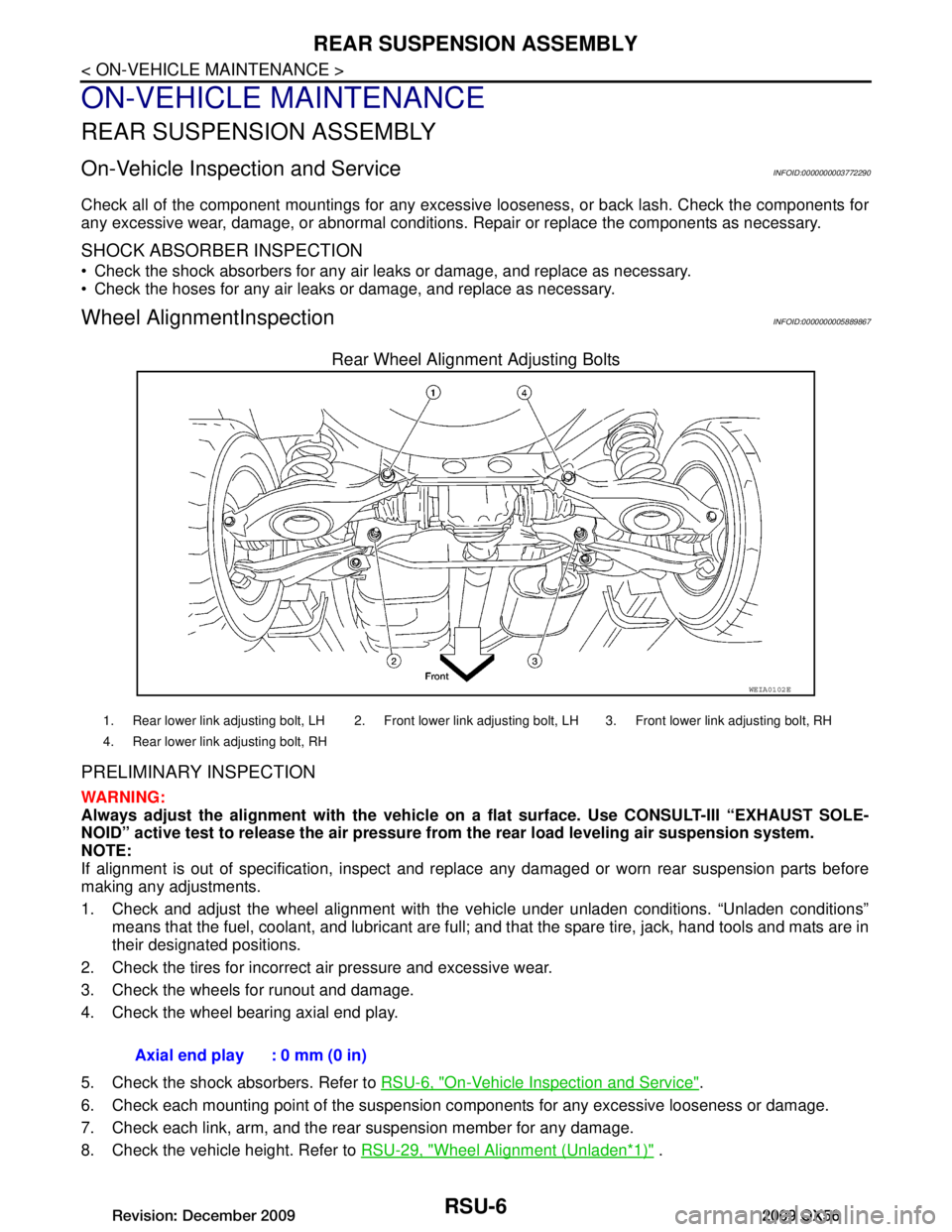 INFINITI QX56 2009  Factory Service Manual 
RSU-6
< ON-VEHICLE MAINTENANCE >
REAR SUSPENSION ASSEMBLY
ON-VEHICLE MAINTENANCE
REAR SUSPENSION ASSEMBLY
On-Vehicle Inspection and ServiceINFOID:0000000003772290
Check all of the component mountings