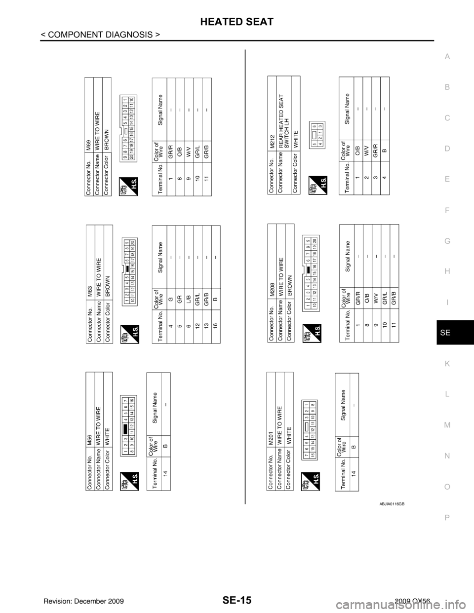 INFINITI QX56 2009  Factory Service Manual HEATED SEATSE-15
< COMPONENT DIAGNOSIS >
C
DE
F
G H
I
K L
M A
B
SE
N
O P
ABJIA0116GB
Revision: December 20092009 QX56 