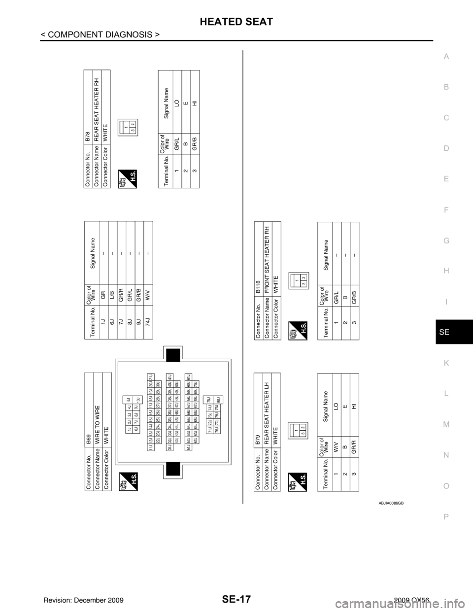 INFINITI QX56 2009  Factory Service Manual HEATED SEATSE-17
< COMPONENT DIAGNOSIS >
C
DE
F
G H
I
K L
M A
B
SE
N
O P
ABJIA0086GB
Revision: December 20092009 QX56 