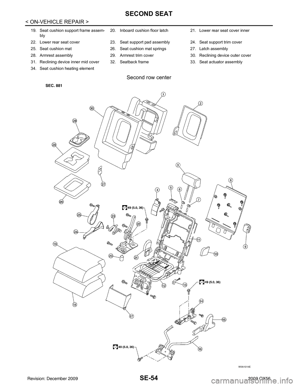 INFINITI QX56 2009  Factory Service Manual SE-54
< ON-VEHICLE REPAIR >
SECOND SEAT
Second row center
19. Seat cushion support frame assem-bly  20. Inboard cushion floor latch  21. Lower rear seat cover inner
22. Lower rear seat cover 23. Seat 