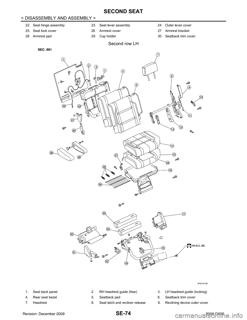 INFINITI QX56 2009  Factory Service Manual SE-74
< DISASSEMBLY AND ASSEMBLY >
SECOND SEAT
Second row LH
22. Seat hinge assembly 23. Seat lever assembly 24 Outer lever cover
25. Seat lock cover 26 Armrest cover 27 Armrest bracket
28 Armrest pad