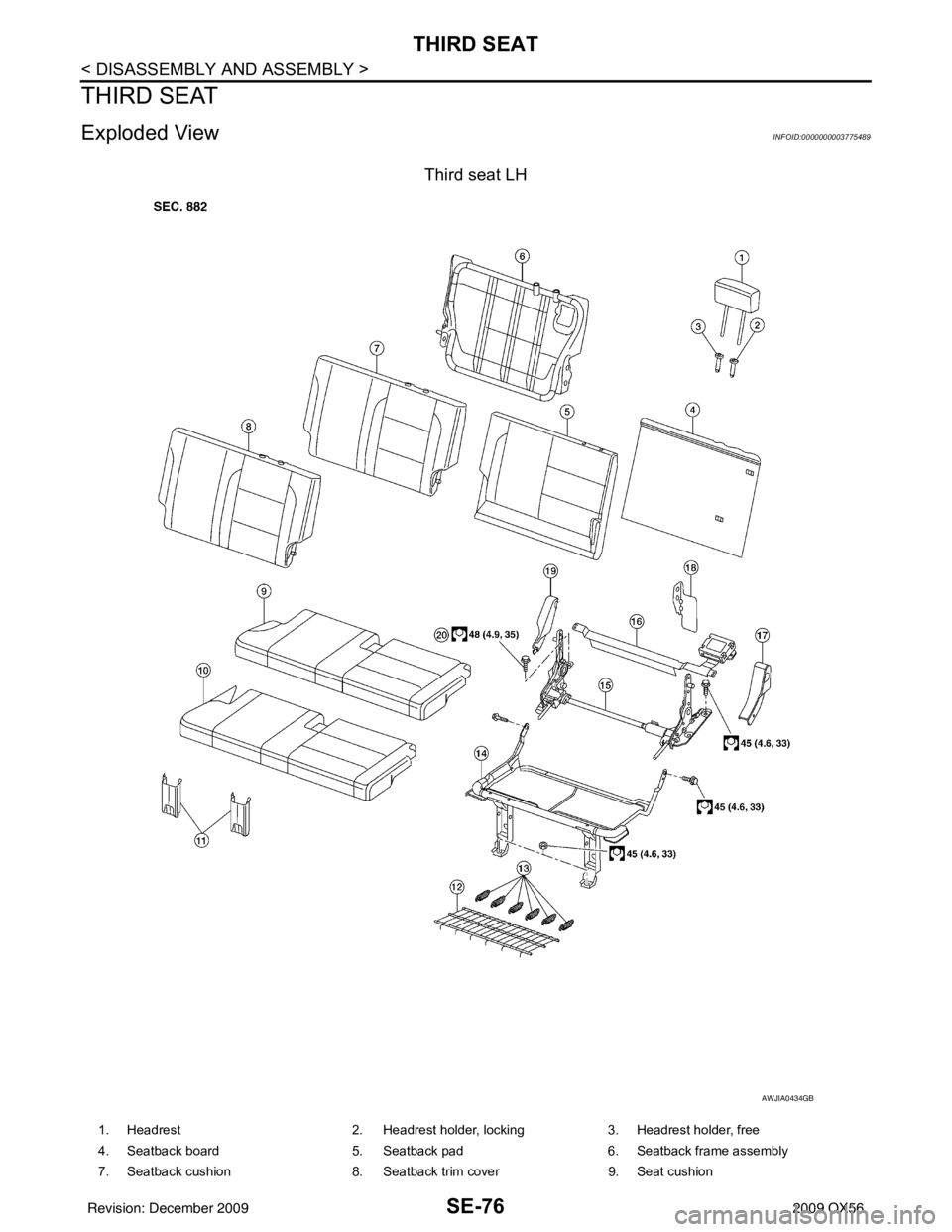 INFINITI QX56 2009  Factory Service Manual SE-76
< DISASSEMBLY AND ASSEMBLY >
THIRD SEAT
THIRD SEAT
Exploded ViewINFOID:0000000003775489
Third seat LH
AWJIA0434GB
1. Headrest 2. Headrest holder, locking 3. Headrest holder, free 
4. Seatback bo