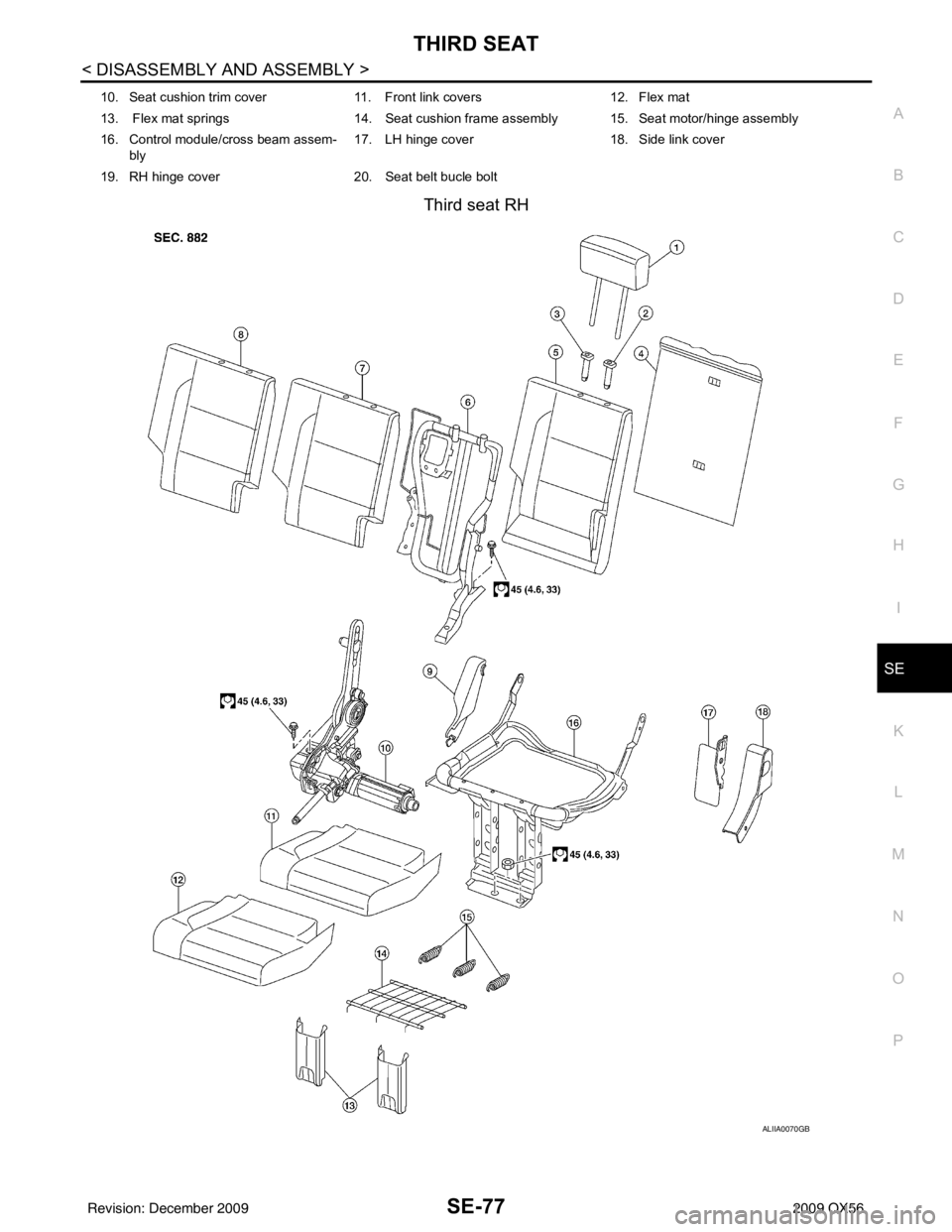 INFINITI QX56 2009  Factory Service Manual THIRD SEATSE-77
< DISASSEMBLY AND ASSEMBLY >
C
DE
F
G H
I
K L
M A
B
SE
N
O P
Third seat RH
10. Seat cushion trim cover 11. Front link covers 12. Flex mat
13.  Flex mat springs 14. Seat cushion frame a