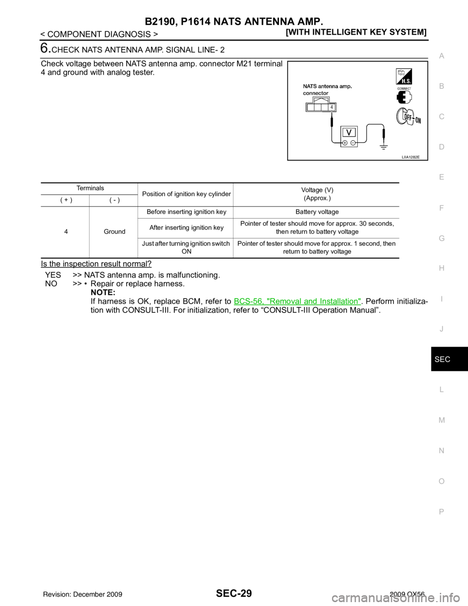 INFINITI QX56 2009  Factory Service Manual B2190, P1614 NATS ANTENNA AMP.SEC-29
< COMPONENT DIAGNOSIS > [WITH INTELLIGENT KEY SYSTEM]
C
D
E
F
G H
I
J
L
M A
B
SEC
N
O P
6.CHECK NATS ANTENNA AMP. SIGNAL LINE- 2
Check voltage between NATS antenna