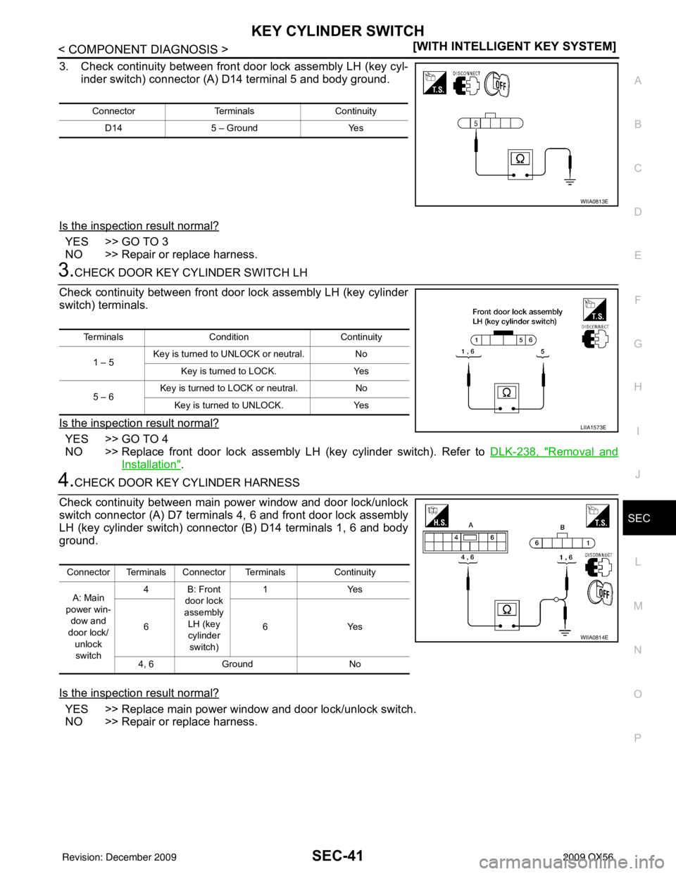 INFINITI QX56 2009  Factory Service Manual KEY CYLINDER SWITCHSEC-41
< COMPONENT DIAGNOSIS > [WITH INTELLIGENT KEY SYSTEM]
C
D
E
F
G H
I
J
L
M A
B
SEC
N
O P
3. Check continuity between front door lock assembly LH (key cyl- inder switch) connec