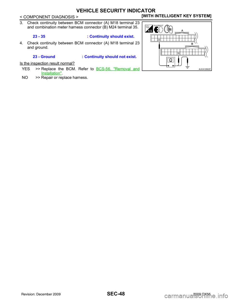 INFINITI QX56 2009  Factory Service Manual SEC-48
< COMPONENT DIAGNOSIS >[WITH INTELLIGENT KEY SYSTEM]
VEHICLE SECURITY INDICATOR
3. Check continuity between BCM connector (A) M18 terminal 23
and combination meter harness connector (B) M24 ter