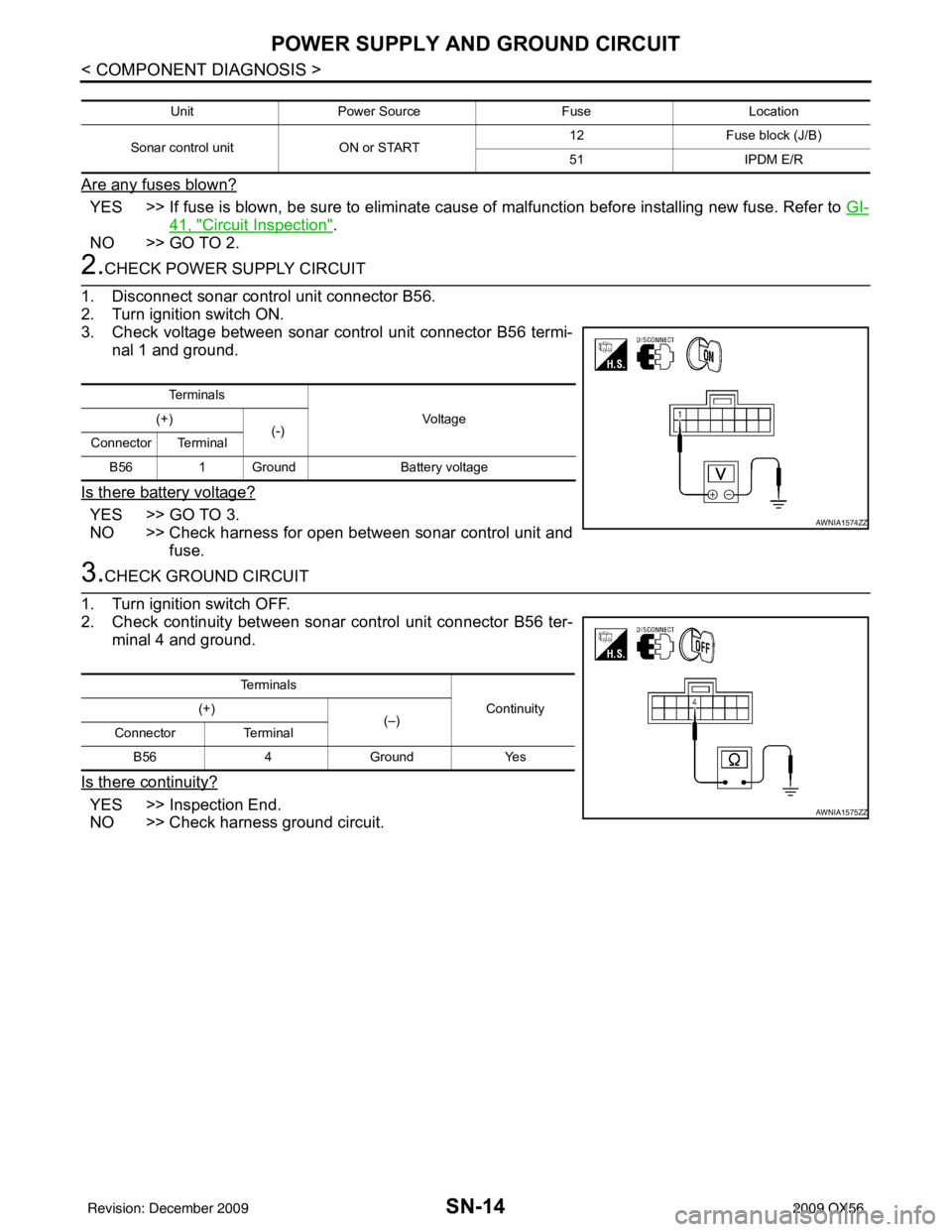 INFINITI QX56 2009  Factory Service Manual SN-14
< COMPONENT DIAGNOSIS >
POWER SUPPLY AND GROUND CIRCUIT
Are any fuses blown?
YES >> If fuse is blown, be sure to eliminate cause of malfunction before installing new fuse. Refer to GI-
41, "Circ