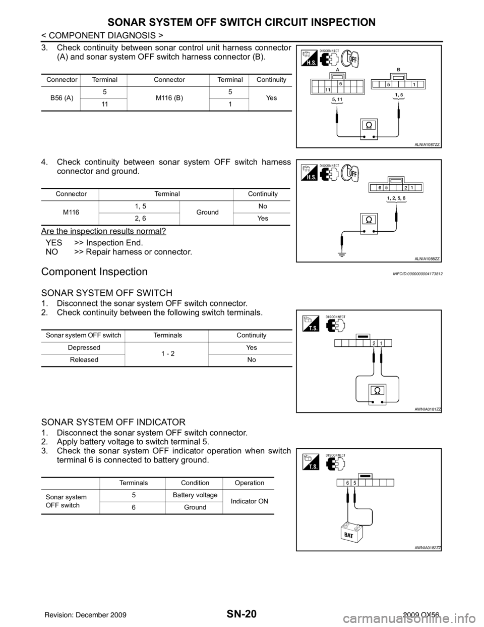 INFINITI QX56 2009  Factory Service Manual SN-20
< COMPONENT DIAGNOSIS >
SONAR SYSTEM OFF SWITCH CIRCUIT INSPECTION
3. Check continuity between sonar control unit harness connector(A) and sonar system OFF switch harness connector (B).
4. Check