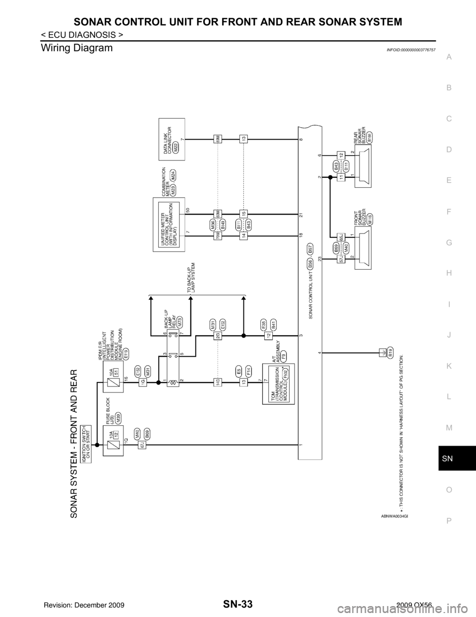 INFINITI QX56 2009  Factory Service Manual SN
SONAR CONTROL UNIT FOR FRONT AND REAR SONAR SYSTEMSN-33
< ECU DIAGNOSIS >
C
DE
F
G H
I
J
K L
M B A
O P
Wiring DiagramINFOID:0000000003776757
ABNWA0034GB
Revision: December 20092009 QX56 