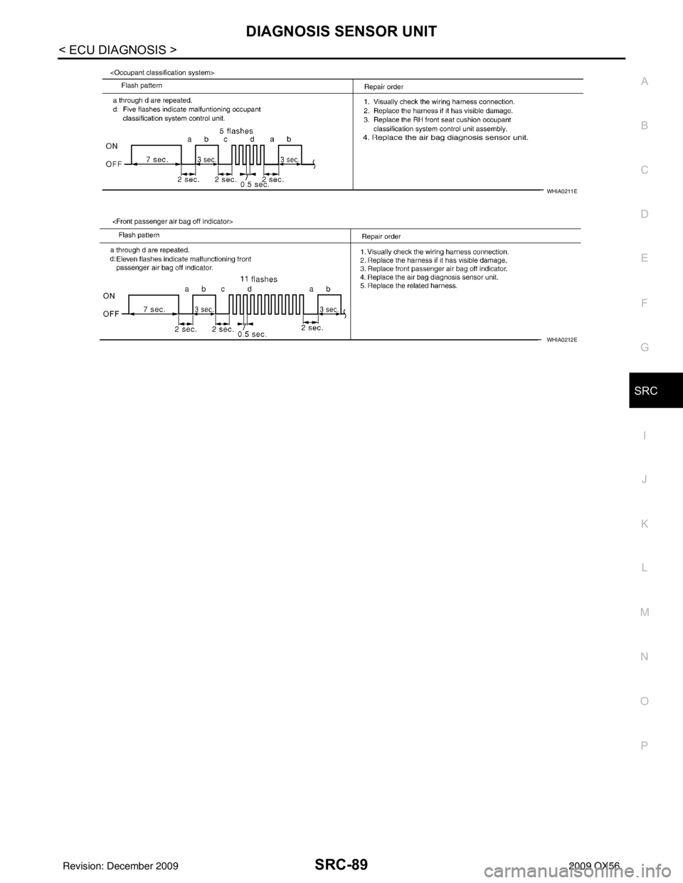 INFINITI QX56 2009  Factory Service Manual DIAGNOSIS SENSOR UNITSRC-89
< ECU DIAGNOSIS >
C
DE
F
G
I
J
K L
M A
B
SRC
N
O P
WHIA0211E
WHIA0212E
Revision: December 20092009 QX56 