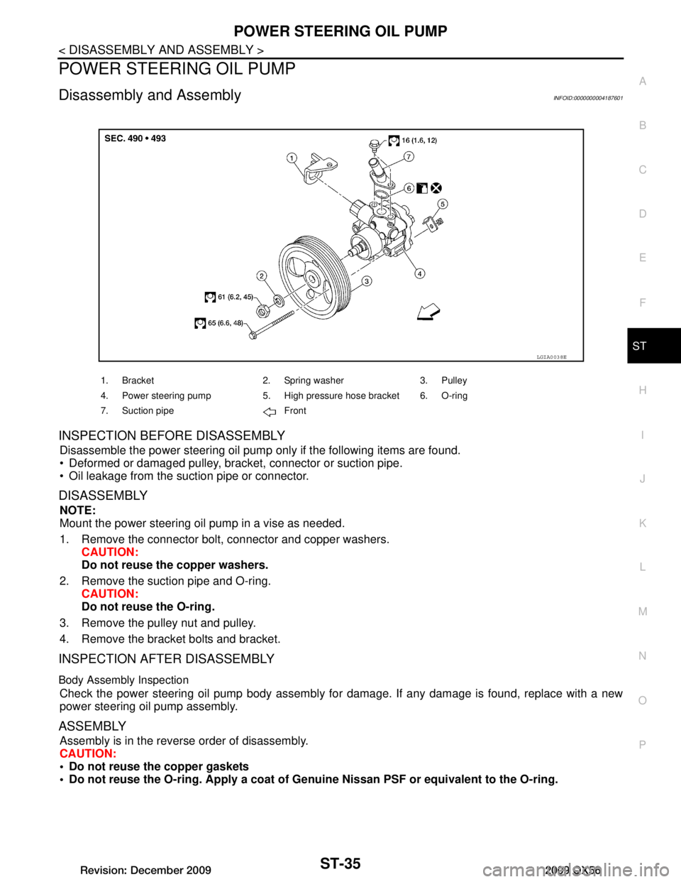 INFINITI QX56 2009  Factory Service Manual 
POWER STEERING OIL PUMPST-35
< DISASSEMBLY AND ASSEMBLY >
C
DE
F
H I
J
K L
M A
B
ST
N
O P
POWER STEERING OIL PUMP
Disassembly and AssemblyINFOID:0000000004187601
INSPECTION BEFORE DISASSEMBLY
Disasse
