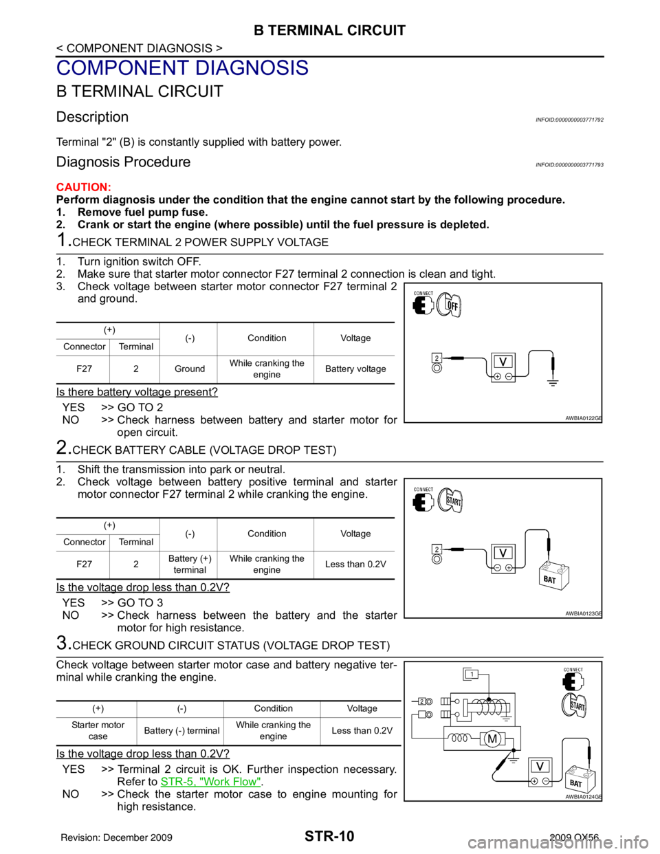INFINITI QX56 2009  Factory Service Manual STR-10
< COMPONENT DIAGNOSIS >
B TERMINAL CIRCUIT
COMPONENT DIAGNOSIS
B TERMINAL CIRCUIT
DescriptionINFOID:0000000003771792
Terminal "2" (B) is constantly supplied with battery power.
Diagnosis Proced