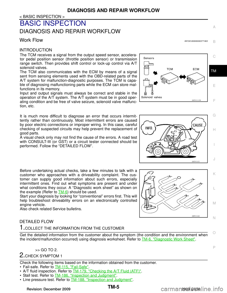 INFINITI QX56 2009  Factory Service Manual 
DIAGNOSIS AND REPAIR WORKFLOWTM-5
< BASIC INSPECTION >
CEF
G H
I
J
K L
M A
B
TM
N
O P
BASIC INSPECTION
DIAGNOSIS AND REPAIR WORKFLOW
Work FlowINFOID:0000000003771803
INTRODUCTION
The TCM receives a s