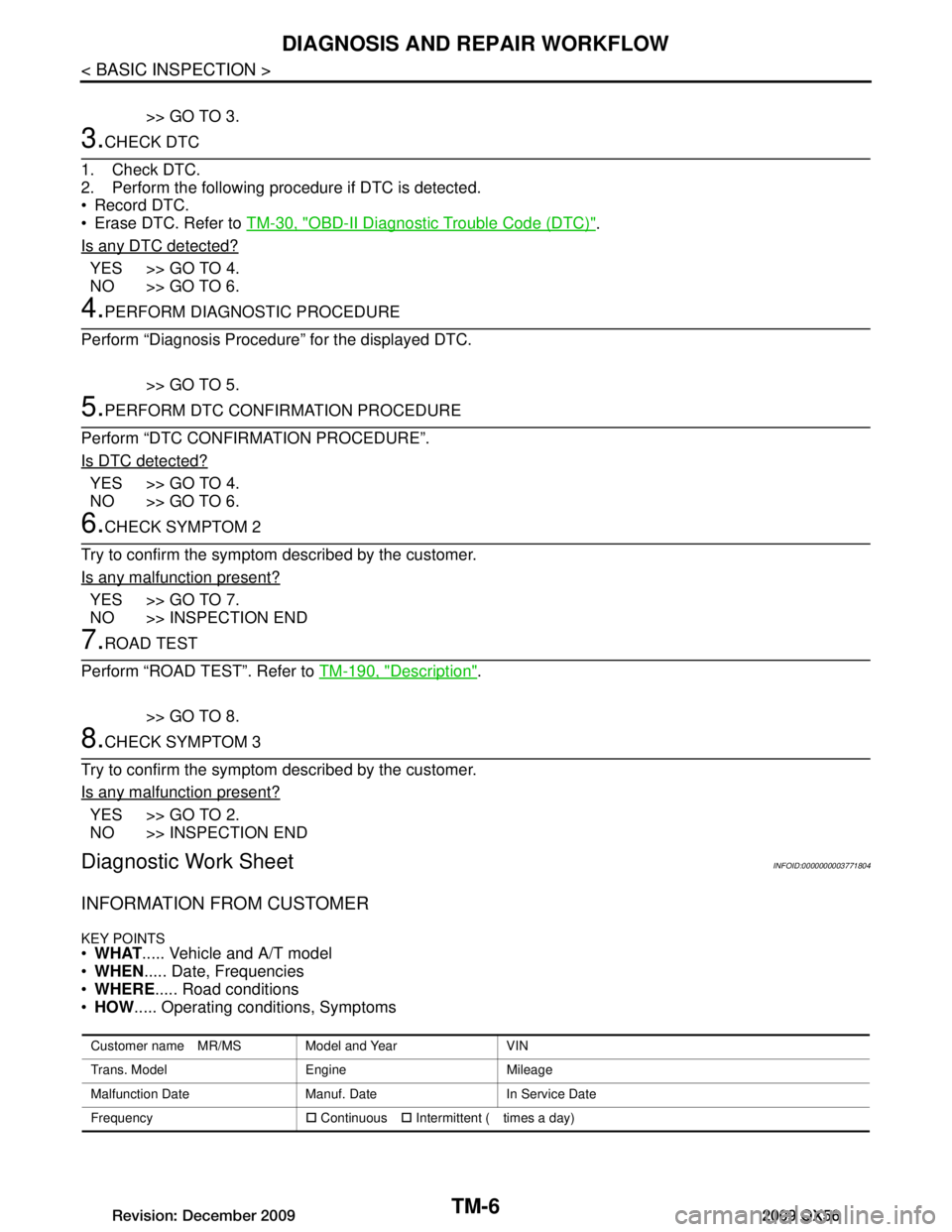 INFINITI QX56 2009  Factory Service Manual 
TM-6
< BASIC INSPECTION >
DIAGNOSIS AND REPAIR WORKFLOW
>> GO TO 3.
3.CHECK DTC
1. Check DTC.
2. Perform the following procedure if DTC is detected.
 Record DTC.
 Erase DTC. Refer to  TM-30, "OBD-I