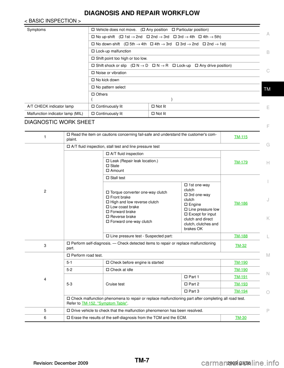 INFINITI QX56 2009  Factory Service Manual 
DIAGNOSIS AND REPAIR WORKFLOWTM-7
< BASIC INSPECTION >
CEF
G H
I
J
K L
M A
B
TM
N
O P
DIAGNOSTIC WORK SHEET
Symptoms �† Vehicle does not move. ( �† Any position �† Particular position)
�†  No