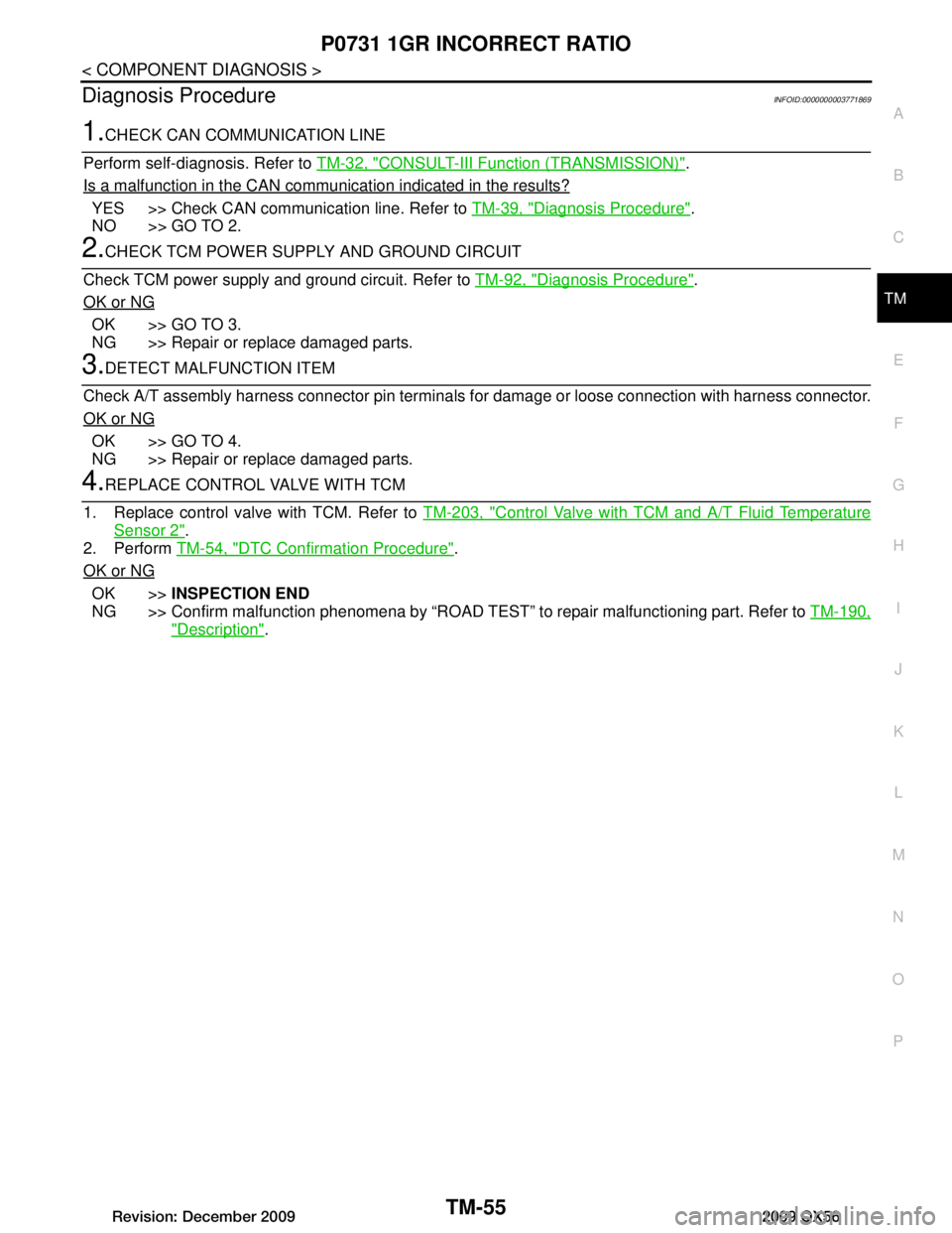 INFINITI QX56 2009 Factory Service Manual
P0731 1GR INCORRECT RATIOTM-55
< COMPONENT DIAGNOSIS >
CEF
G H
I
J
K L
M A
B
TM
N
O P
Diagnosis ProcedureINFOID:0000000003771869
1.CHECK CAN COMMUNICATION LINE
Perform self-diagnosis. Refer to TM-32 INFINITI QX56 2009 Factory Service Manual
P0731 1GR INCORRECT RATIOTM-55
< COMPONENT DIAGNOSIS >
CEF
G H
I
J
K L
M A
B
TM
N
O P
Diagnosis ProcedureINFOID:0000000003771869
1.CHECK CAN COMMUNICATION LINE
Perform self-diagnosis. Refer to TM-32