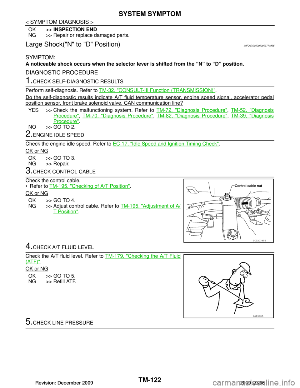 INFINITI QX56 2009  Factory Service Manual 
TM-122
< SYMPTOM DIAGNOSIS >
SYSTEM SYMPTOM
OK >>INSPECTION END
NG >> Repair or replace damaged parts.
Large Shock("N" to "D" Position)INFOID:0000000003771995
SYMPTOM:
A noticeable shock occurs when 