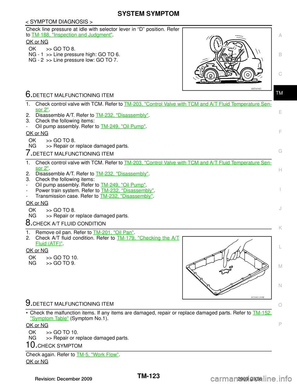INFINITI QX56 2009  Factory Service Manual 
SYSTEM SYMPTOMTM-123
< SYMPTOM DIAGNOSIS >
CEF
G H
I
J
K L
M A
B
TM
N
O P
Check line pressure at idle with selector lever in “D” position. Refer
to  TM-188, "Inspection and Judgment"
.
OK or NG
O