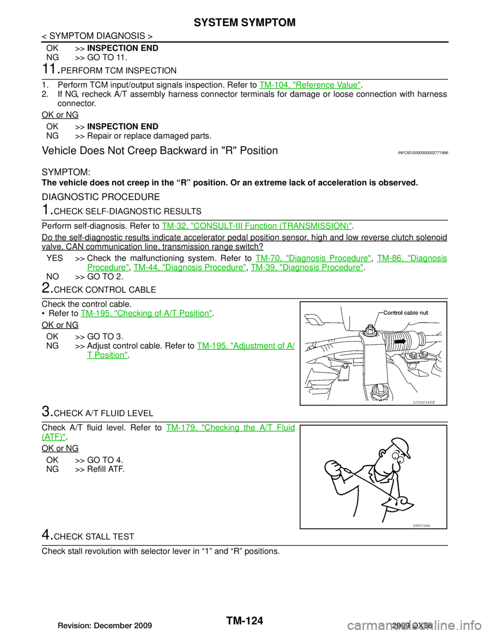 INFINITI QX56 2009  Factory Service Manual 
TM-124
< SYMPTOM DIAGNOSIS >
SYSTEM SYMPTOM
OK >>INSPECTION END
NG >> GO TO 11.
11 .PERFORM TCM INSPECTION
1. Perform TCM input/output signals inspection. Refer to  TM-104, "Reference Value"
.
2. If 