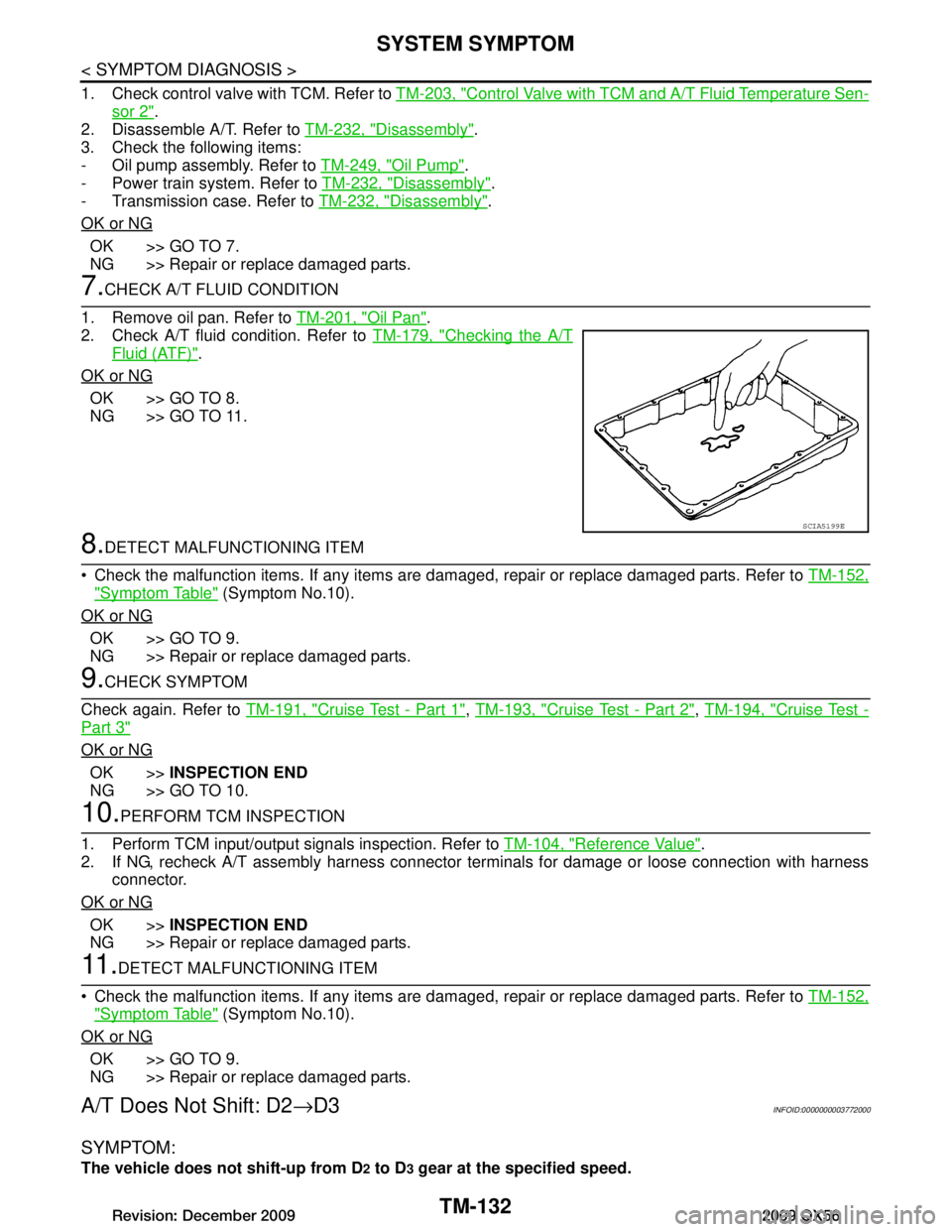 INFINITI QX56 2009  Factory Service Manual 
TM-132
< SYMPTOM DIAGNOSIS >
SYSTEM SYMPTOM
1. Check control valve with TCM. Refer to TM-203, "Control Valve with TCM and A/T Fluid Temperature Sen-
sor 2".
2. Disassemble A/T. Refer to  TM-232, "Dis