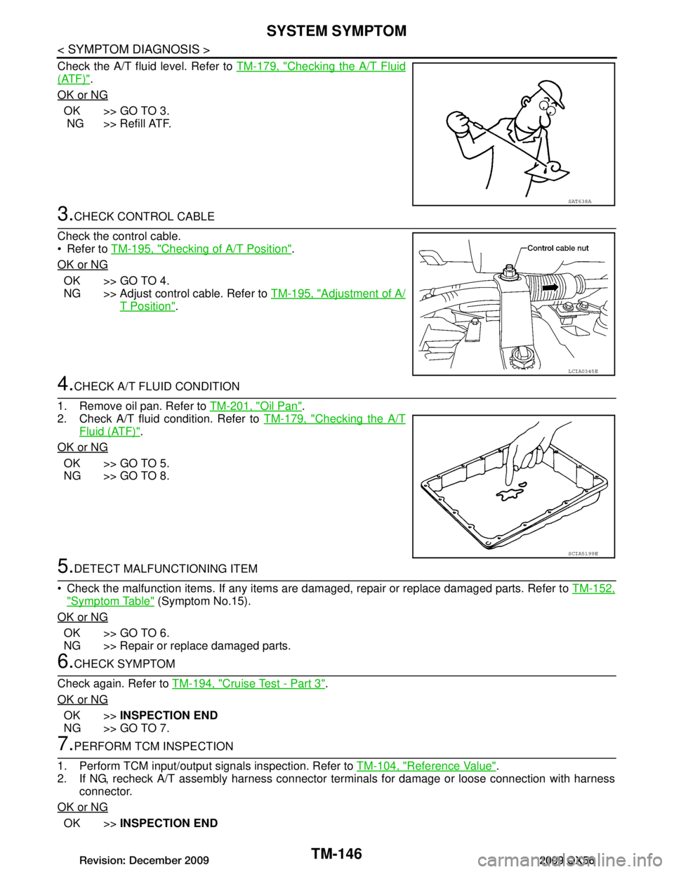 INFINITI QX56 2009 Factory Service Manual
TM-146
< SYMPTOM DIAGNOSIS >
SYSTEM SYMPTOM
Check the A/T fluid level. Refer to TM-179, "Checking the A/T Fluid
(ATF)".
OK or NG
OK >> GO TO 3.
NG >> Refill ATF.
3.CHECK CONTROL CABLE
Check the cont INFINITI QX56 2009 Factory Service Manual
TM-146
< SYMPTOM DIAGNOSIS >
SYSTEM SYMPTOM
Check the A/T fluid level. Refer to TM-179, "Checking the A/T Fluid
(ATF)".
OK or NG
OK >> GO TO 3.
NG >> Refill ATF.
3.CHECK CONTROL CABLE
Check the cont